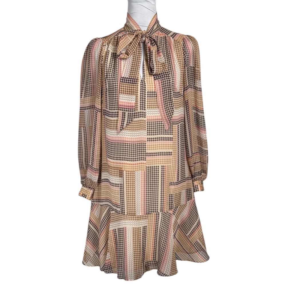 LOFT Ann Taylor Houndstooth Bow Tie Flounced Shift Dress Size XS Balloon Sleeves